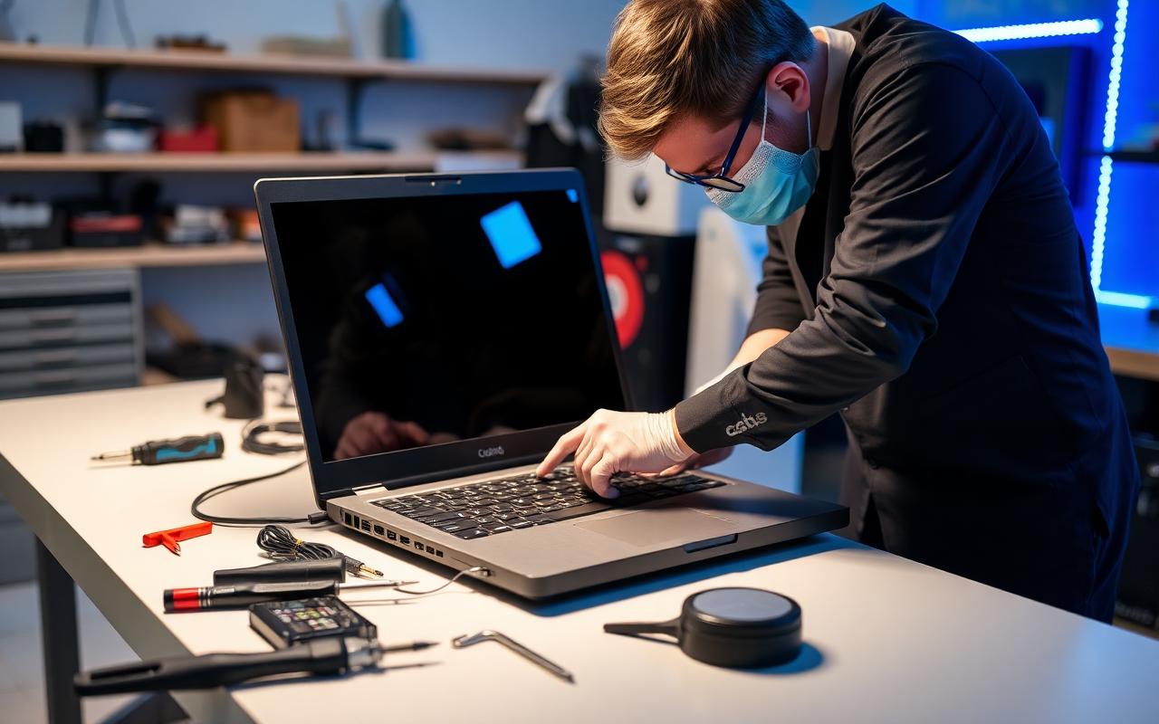 Técnico realizando limpeza e manutenção de um notebook