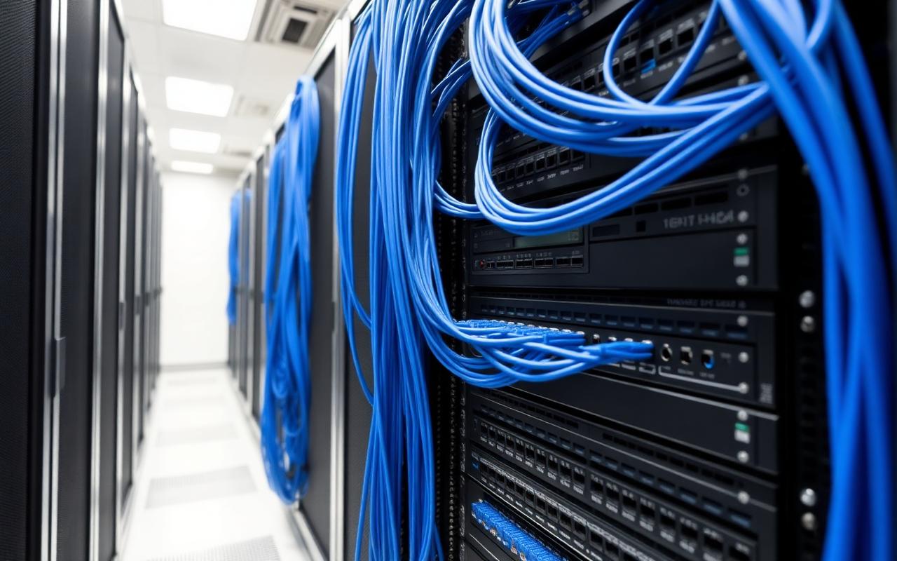 Rack de rede organizado com switches e cabeamento estruturado