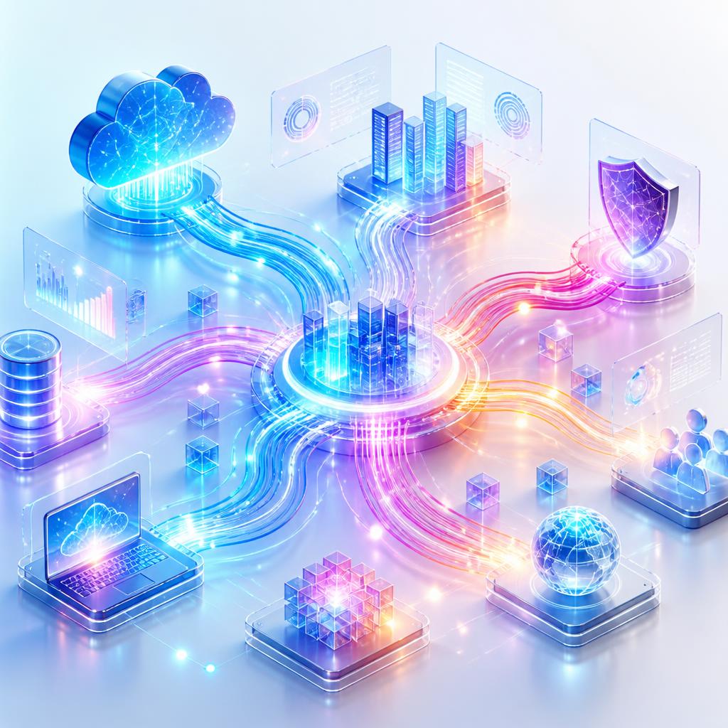 Ilustração colorida de rede e infraestrutura de TI conectada